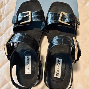 Steve Madden Black Croc-Embossed Sandals with Gold Accents